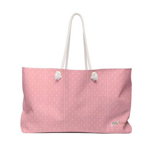 JOYFULLY SAVED Weekender Bag —Christian, Pink colored Travel Tote