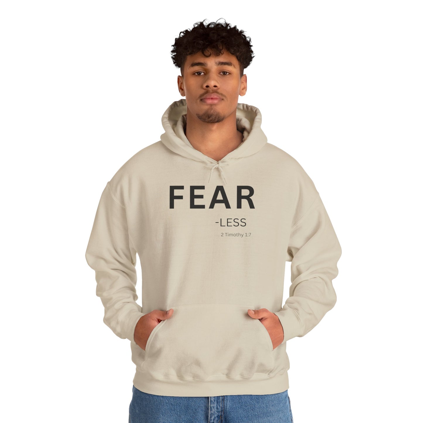FEAR-less Hoodie Black Text — Minimal Christian Faith Pullover, 2 Timothy 1:7