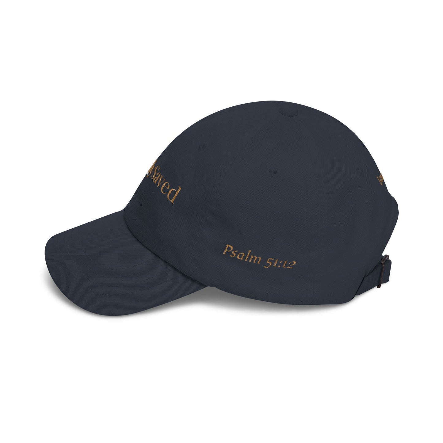 Joyfully Saved "dad" Cap, Logo with verses — Embroidered Hat, Gold text