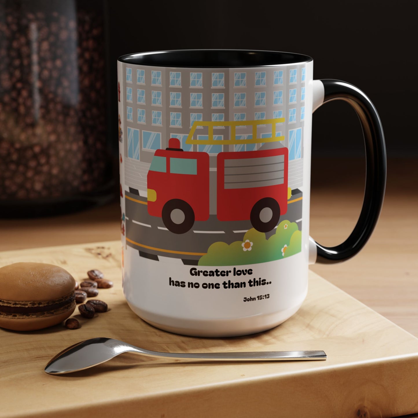Fire Truck Coffee Mug — "Greater love has no one than this" Scripture Mug (11/15 oz)
