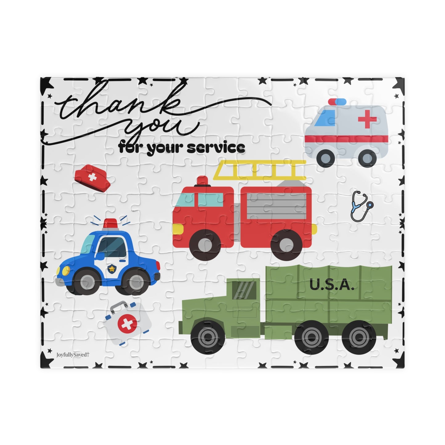 Patriotic Kids Thank You for Your Service Puzzle — Firetruck, Ambulance & Army Vehicles (110–1014 pcs)