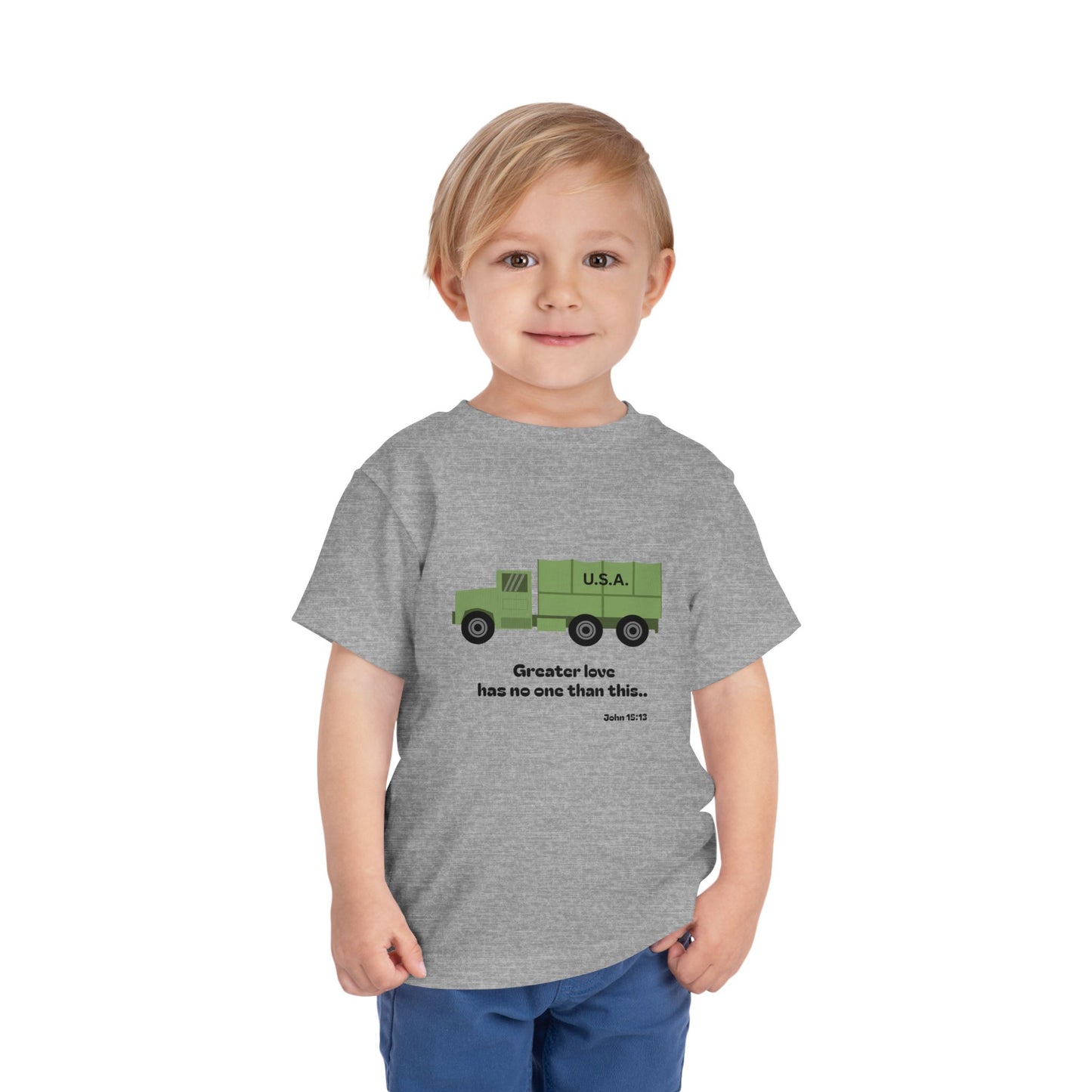 Christian Toddler Tee — Military Truck Graphic (John 15:13)