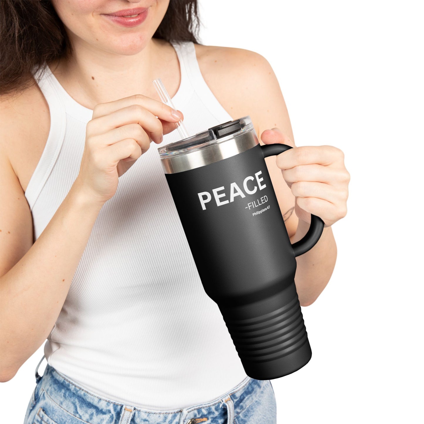 PEACE-filled Insulated 40oz Travel Mug, white text — Christian Faith Declaration - Philippians 4:7