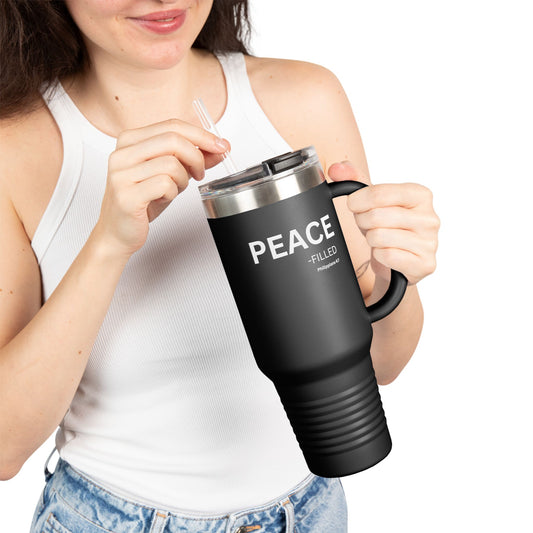 PEACE-filled Insulated 40oz Travel Mug, white text — Christian Faith Declaration - Philippians 4:7