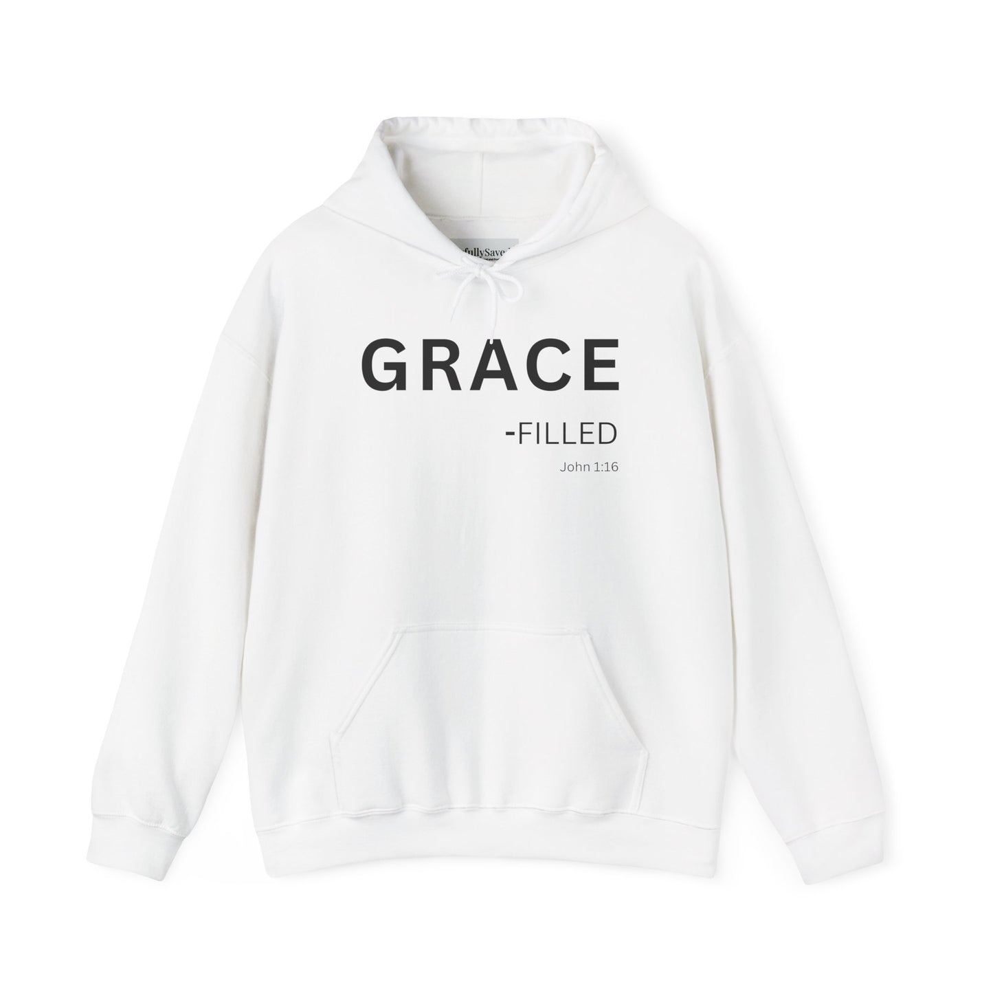 GRACE-filled Hoodie Black Text — Minimal Christian Faith Pullover, John 1:16