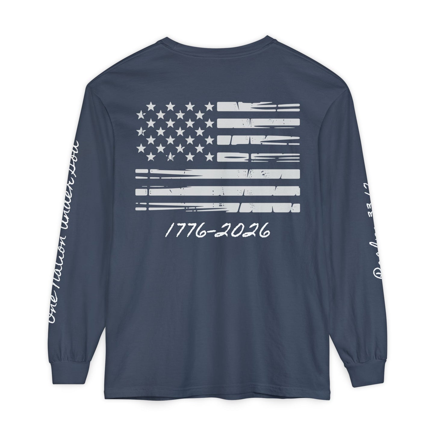 Christian Patriotic Long Sleeve Tee — "One Nation Under God" & Psalm 33:12 — USA 250 Anniversary
