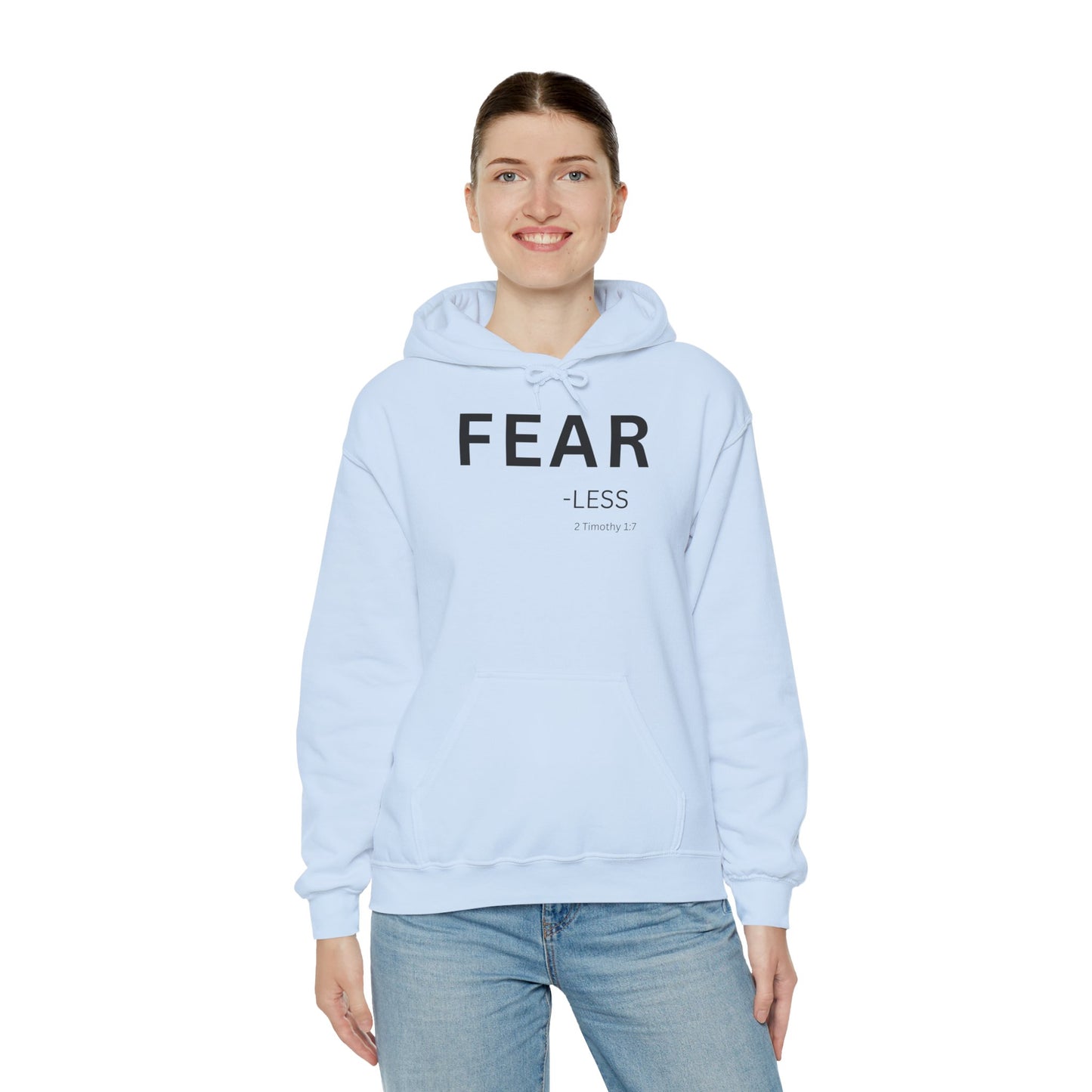 FEAR-less Hoodie Black Text — Minimal Christian Faith Pullover, 2 Timothy 1:7