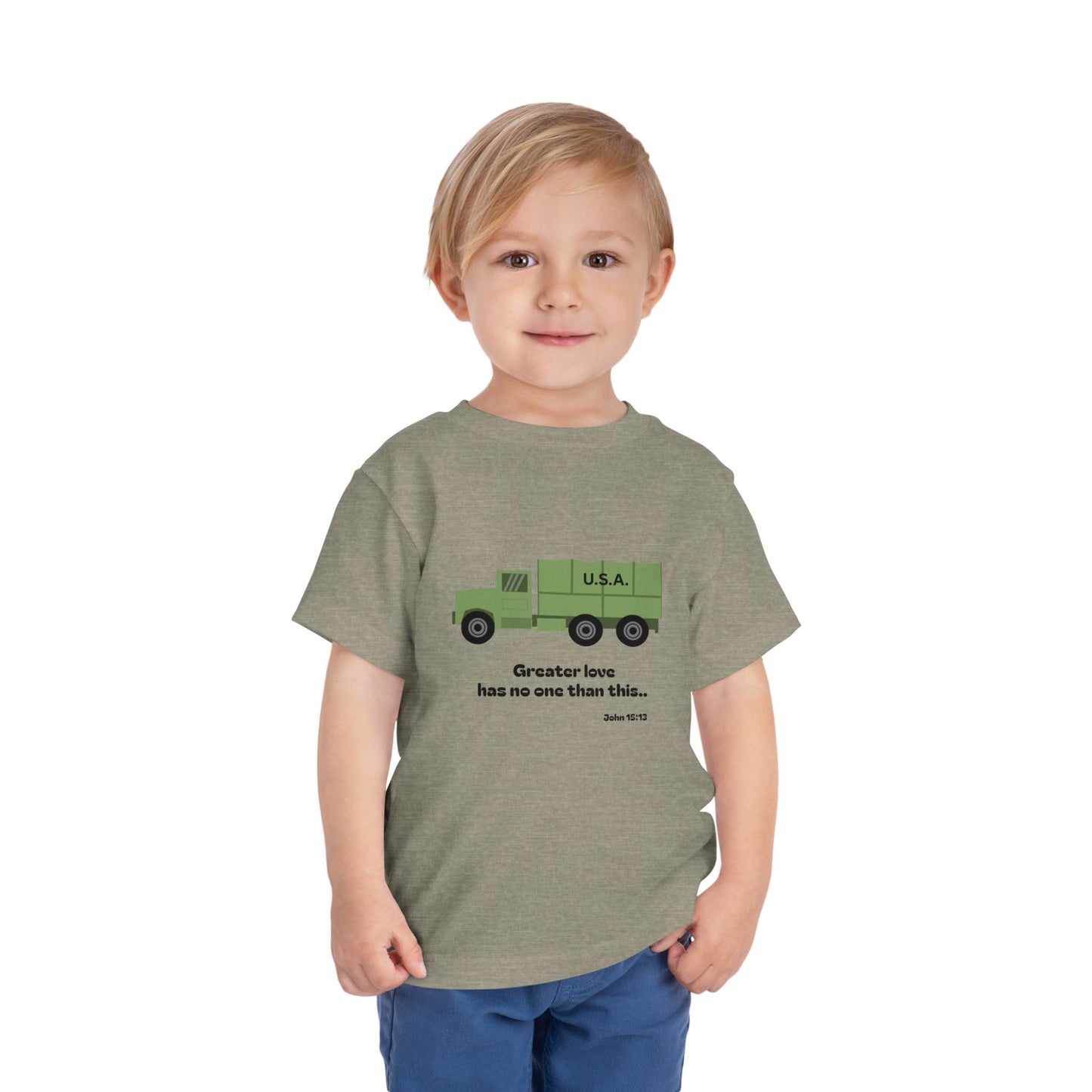 Christian Toddler Tee — Military Truck Graphic (John 15:13)