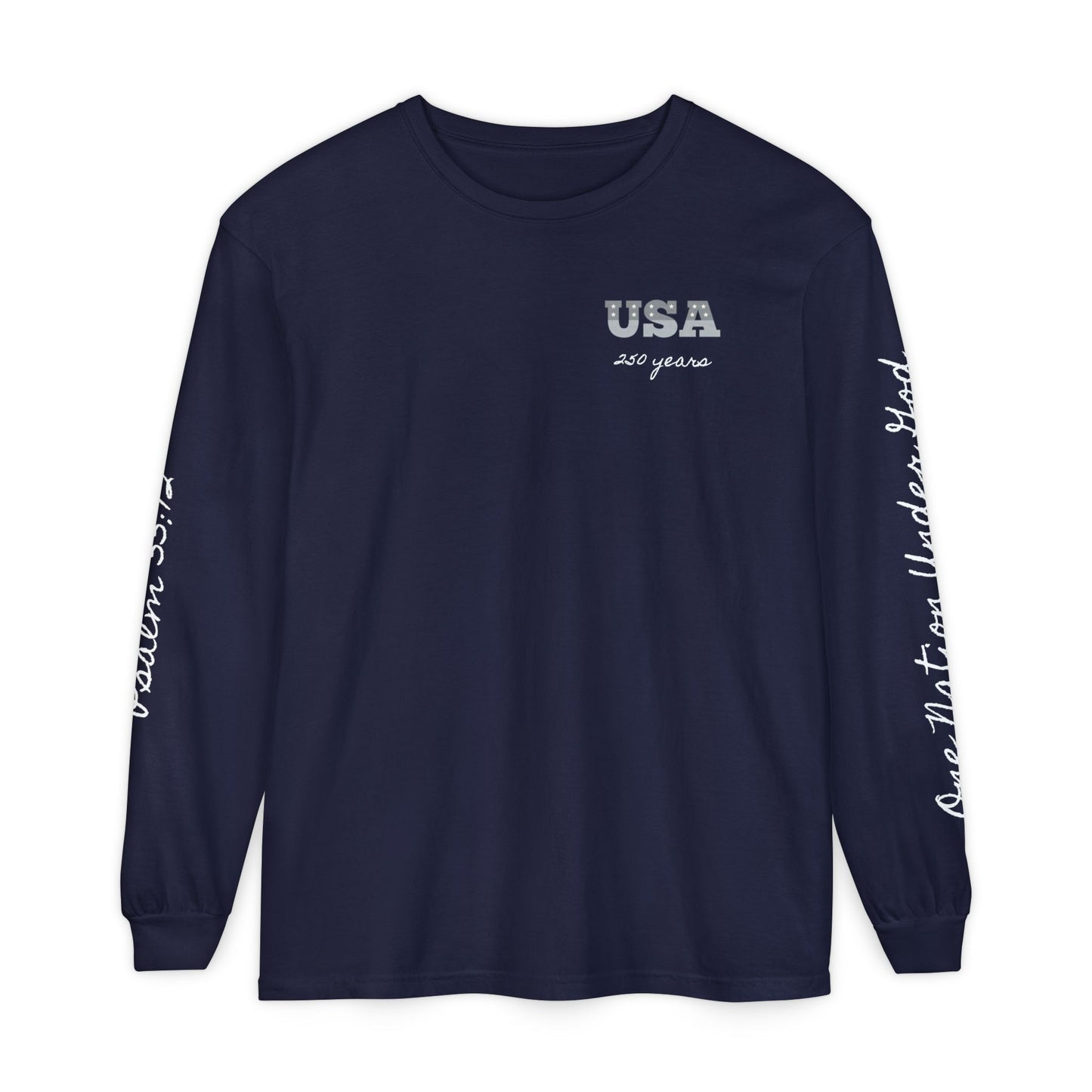 Christian Patriotic Long Sleeve Tee — "One Nation Under God" & Psalm 33:12 — USA 250 Anniversary