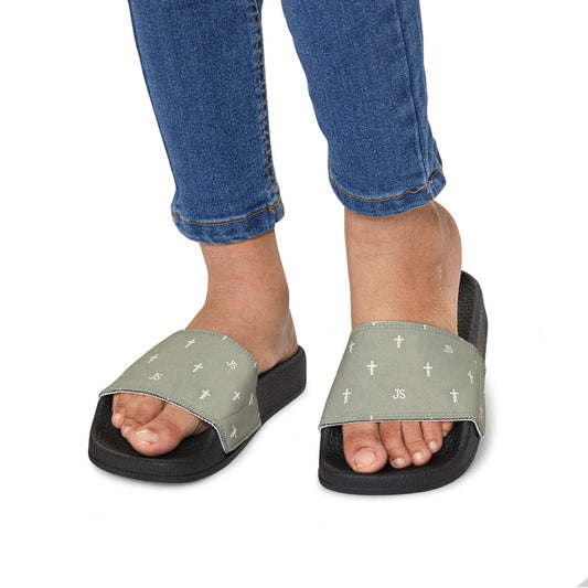 Christian Cross Slides — Youth Removable-Strap Sandals with Sage Cross Pattern
