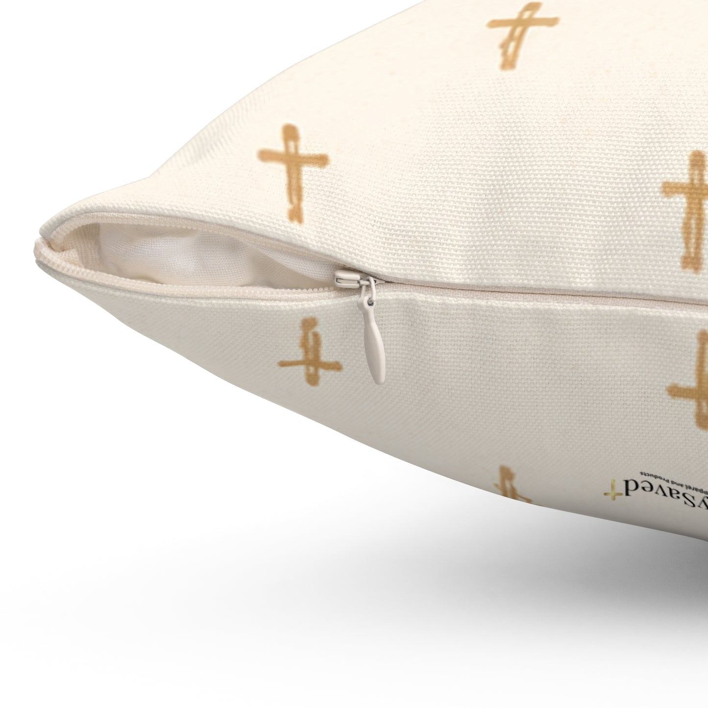 Joyfully Saved (JS) Gold Cross Decorative Pillow — Cream Signature Cross Throw Pillow