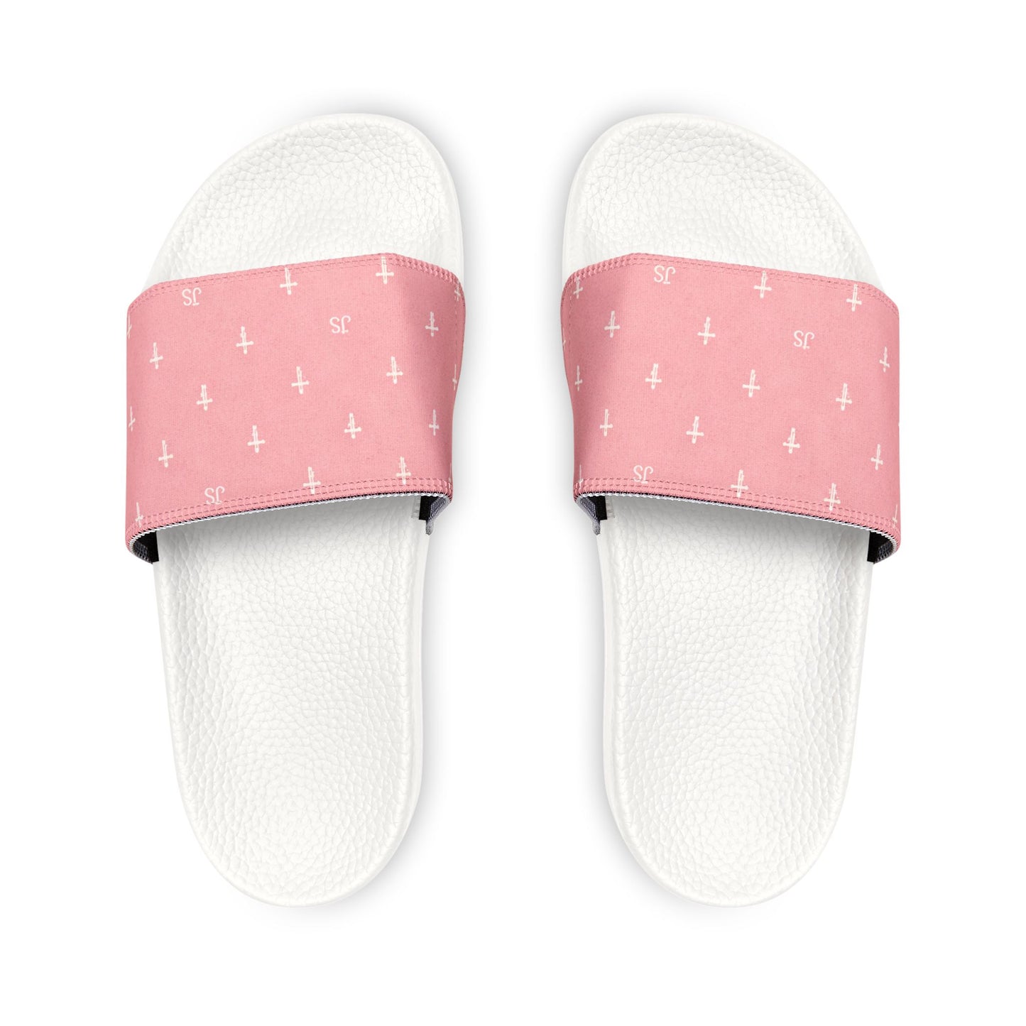 Christian Cross Slides — Youth Removable-Strap Sandals with Pink Cross Pattern