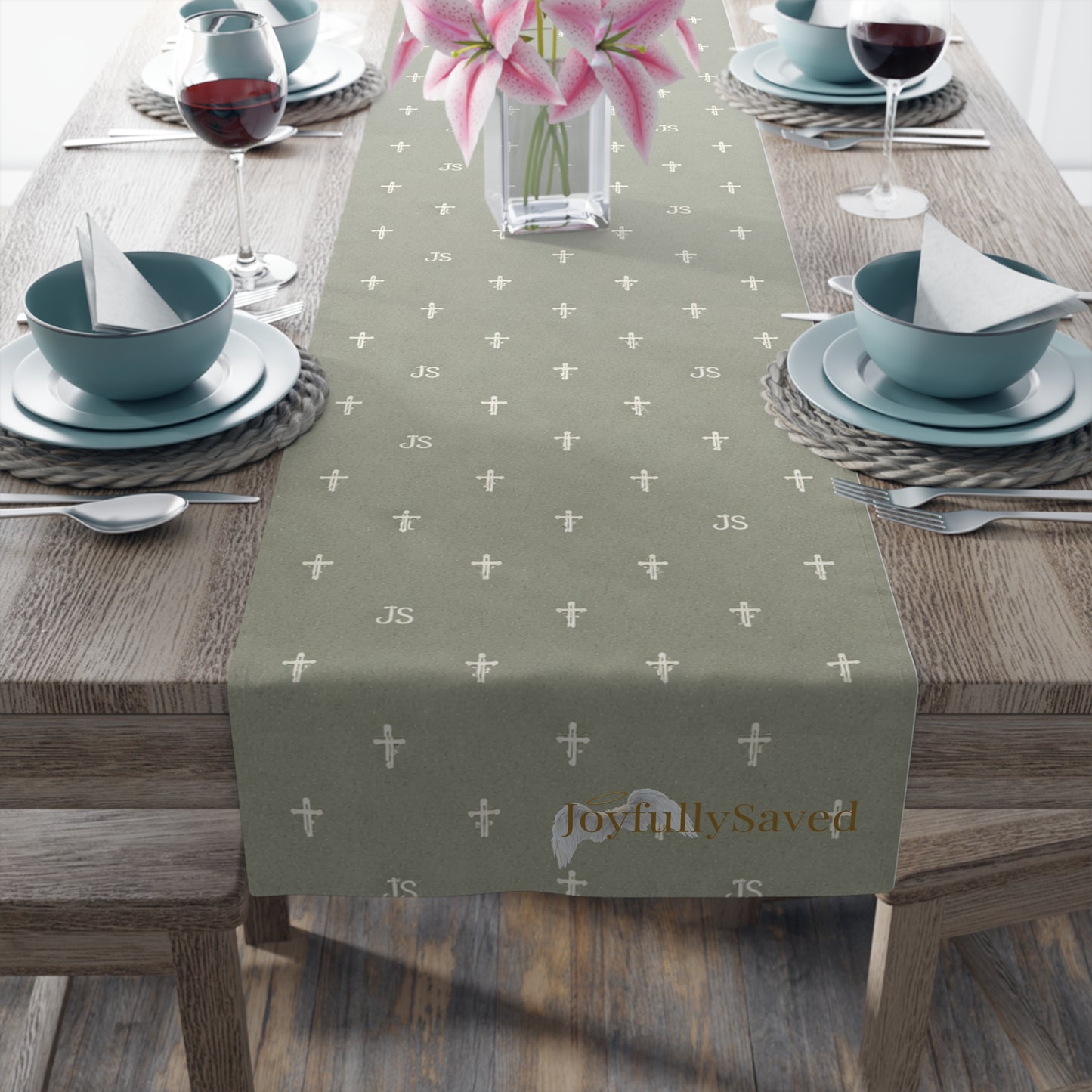 Signature Cross Table Runner, Sage — JoyfullySaved Faith-Inspired Cotton/Poly Decor