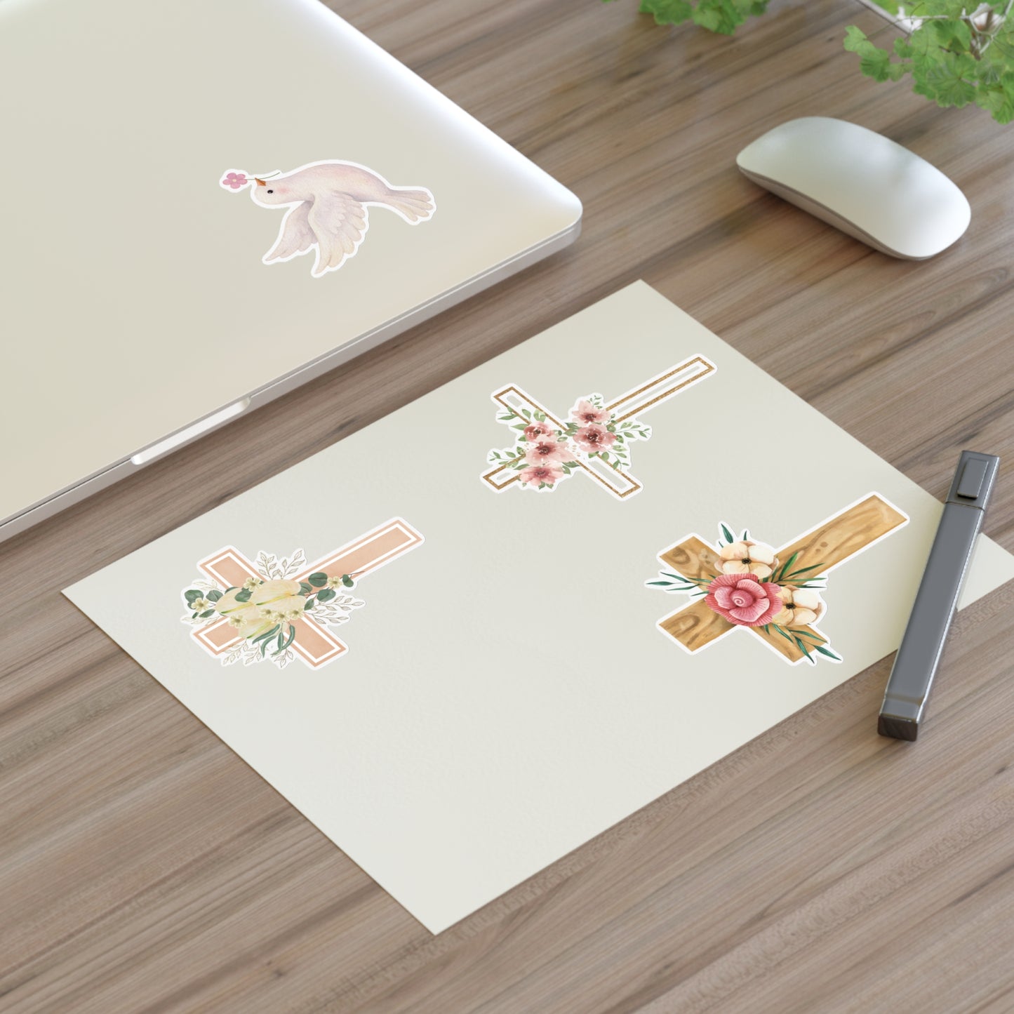 Christian Cross & Dove Floral Sticker Sheet — 4 Religious Faith Stickers