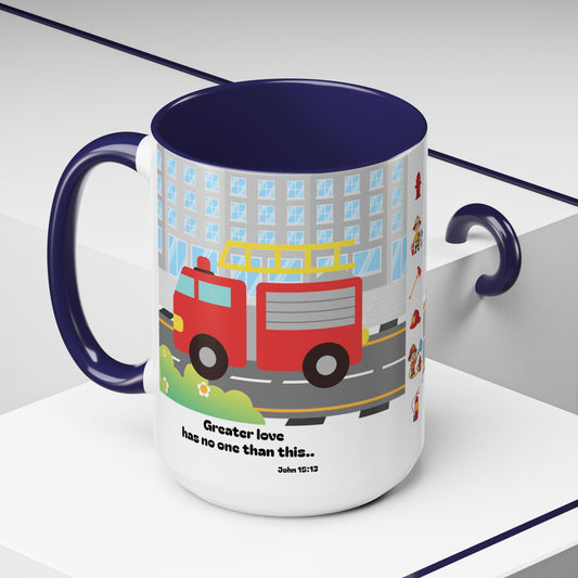 Fire Truck Coffee Mug — "Greater love has no one than this" Scripture Mug (11/15 oz)