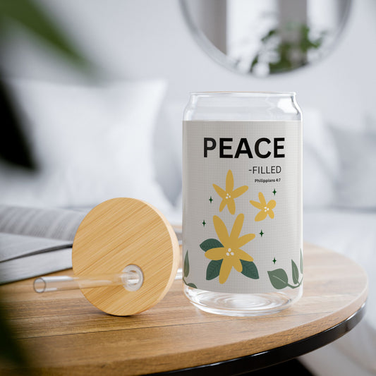 PEACE-filled Glass Can (16oz) — Philippians 4:7, Floral Straw Tumbler | Christian Gift