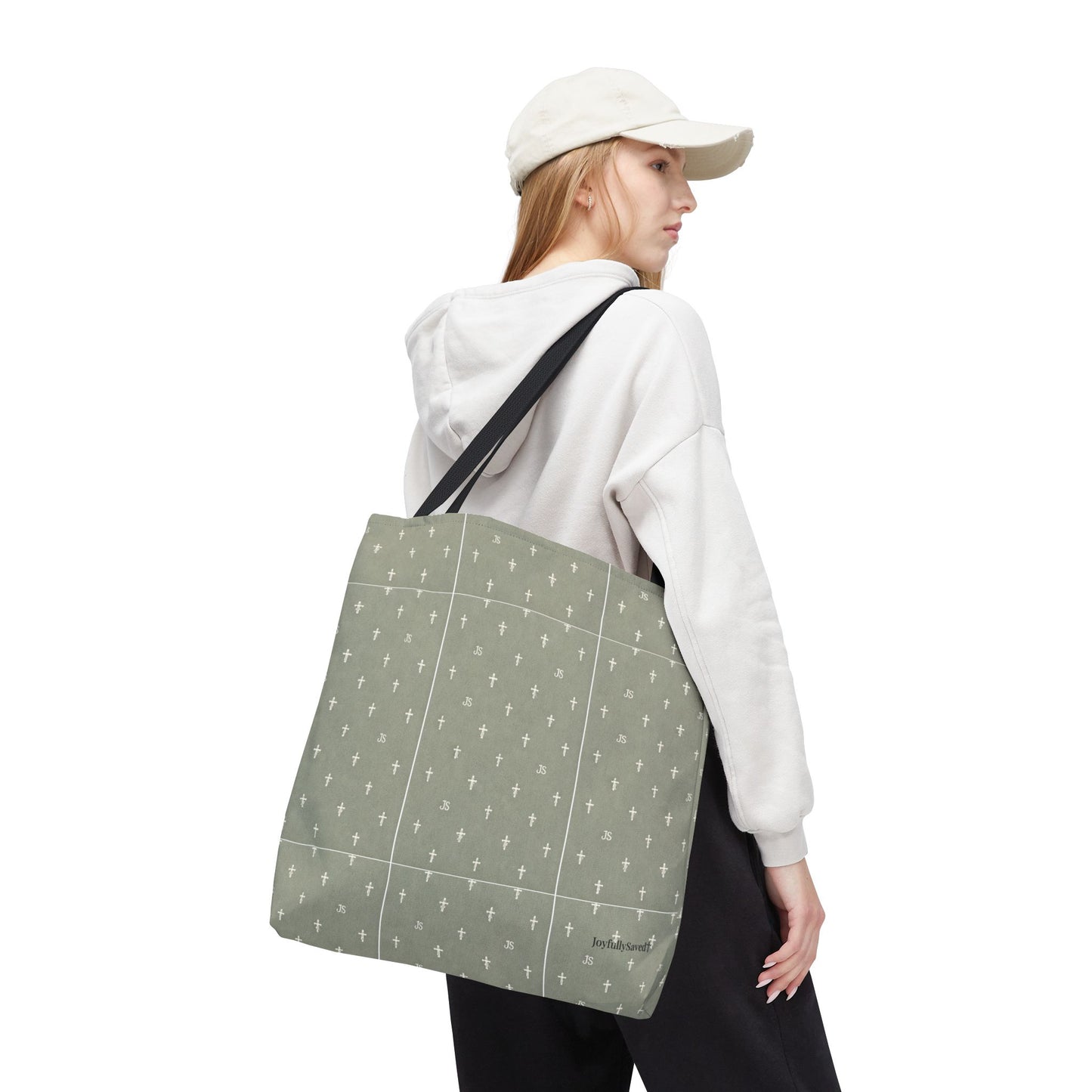 Cross Pattern Tote Bag — Sage Green AOP Canvas Tote, Christian