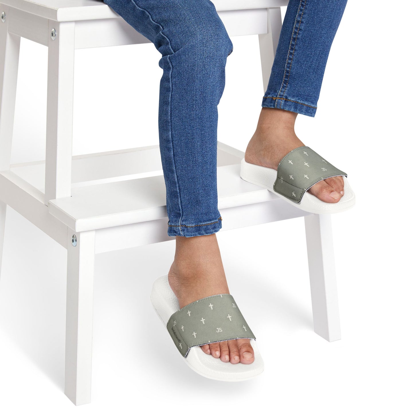 Christian Cross Slides — Youth Removable-Strap Sandals with Sage Cross Pattern