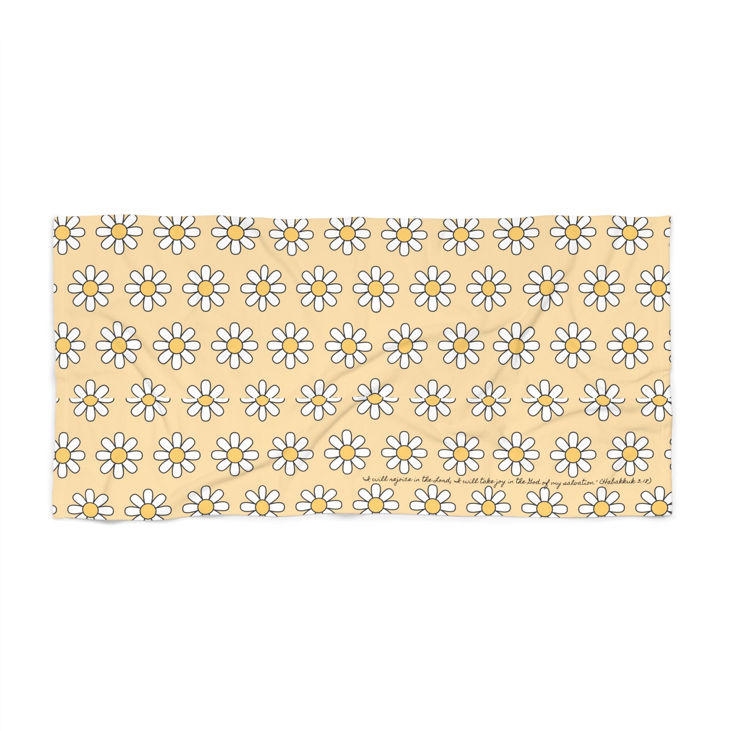 Daisy Pattern Beach Towel — Yellow Floral Summer Towel with scripture ( Habakkuk 3:18)