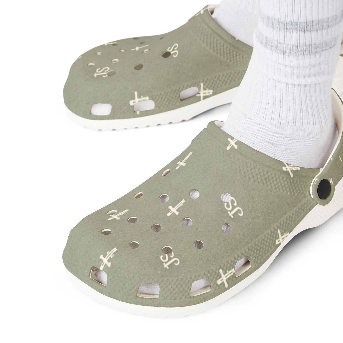 Adult EVA Foam Clogs with charms — Sage Cross Pattern Christian Slip-Ons