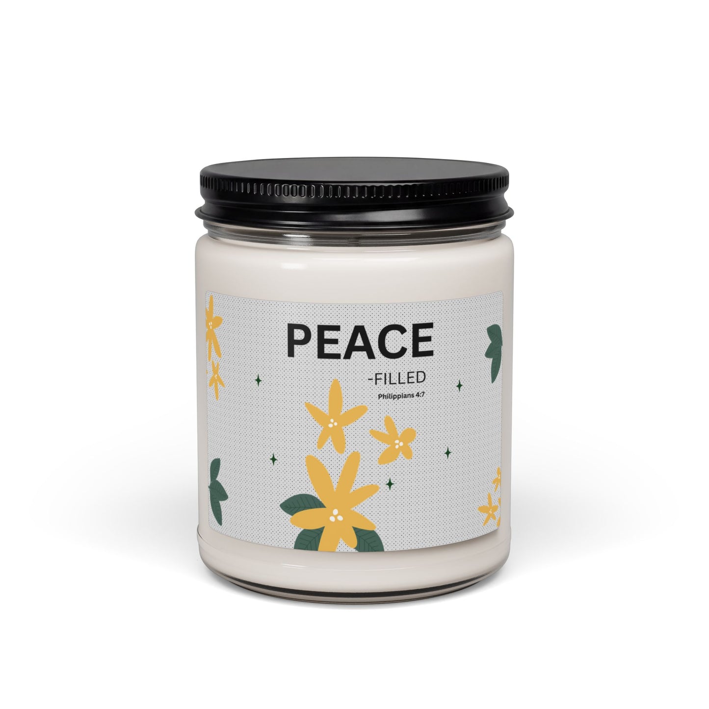 Peace-filled Soy Candle — 9oz Scented Jar with Floral Design (Philippians 4:7)