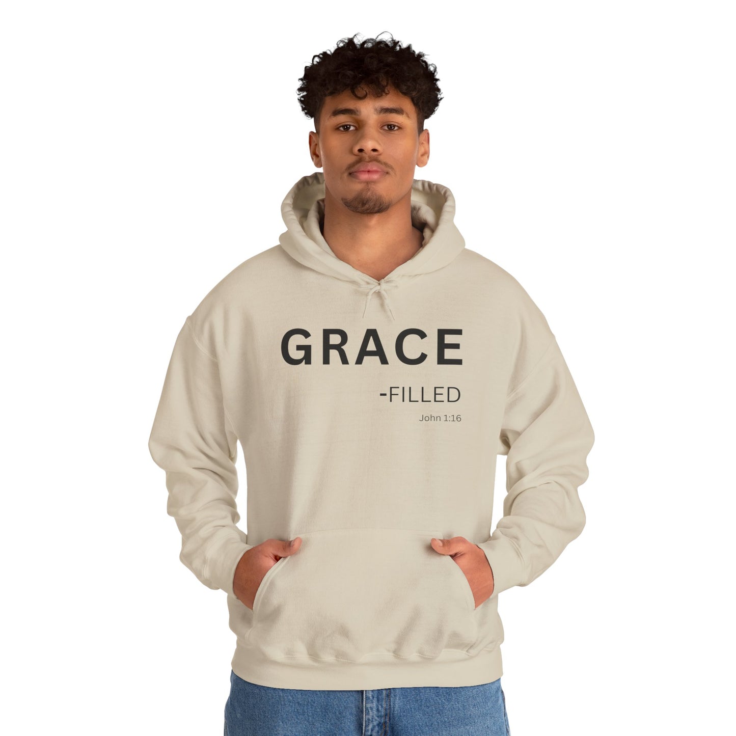 GRACE-filled Hoodie Black Text — Minimal Christian Faith Pullover, John 1:16