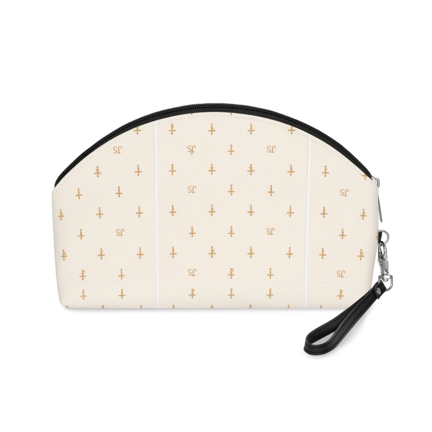 Gold Cross Pattern Makeup Bag — "Joyfully Saved" Cream Cosmetic Pouch - gold logo