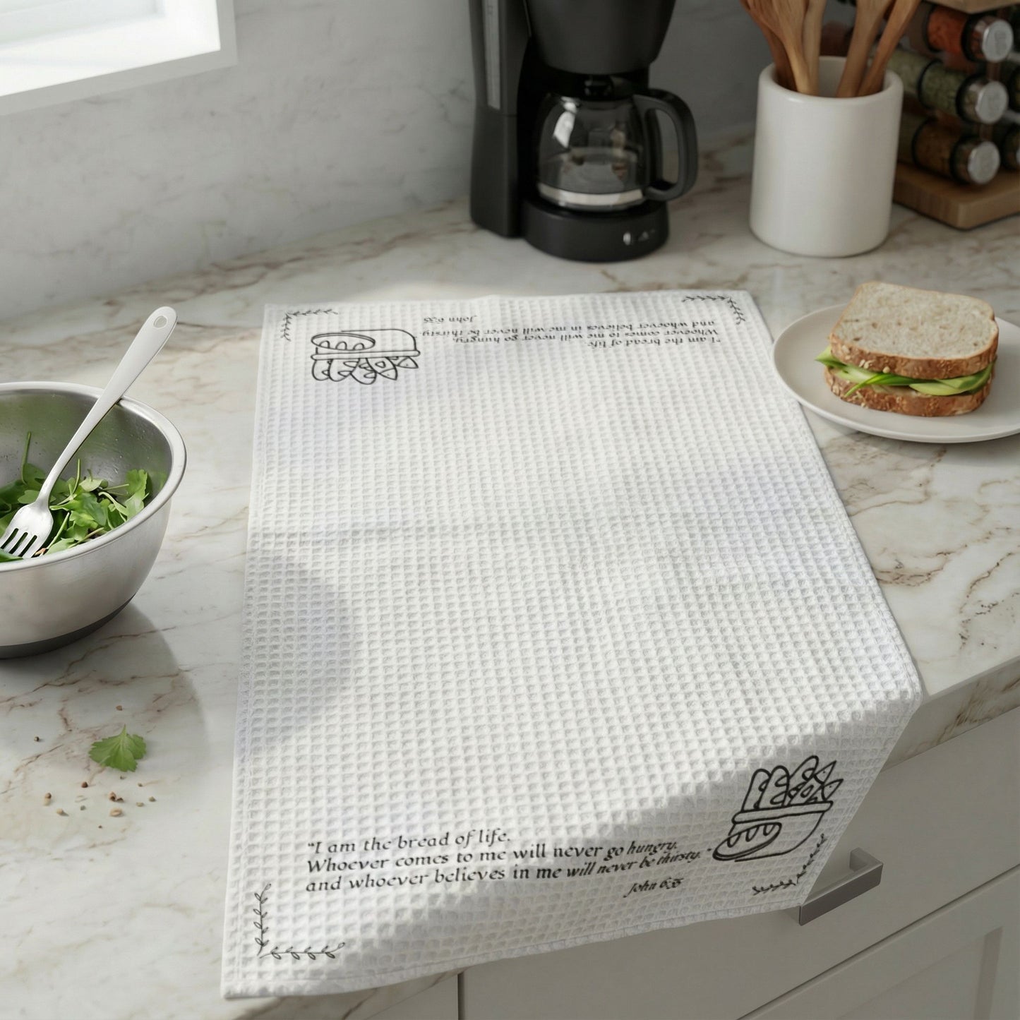 Christian Kitchen Hand Towel — 'I Am the Bread of Life' Waffle Weave Cotton (John 6:35)