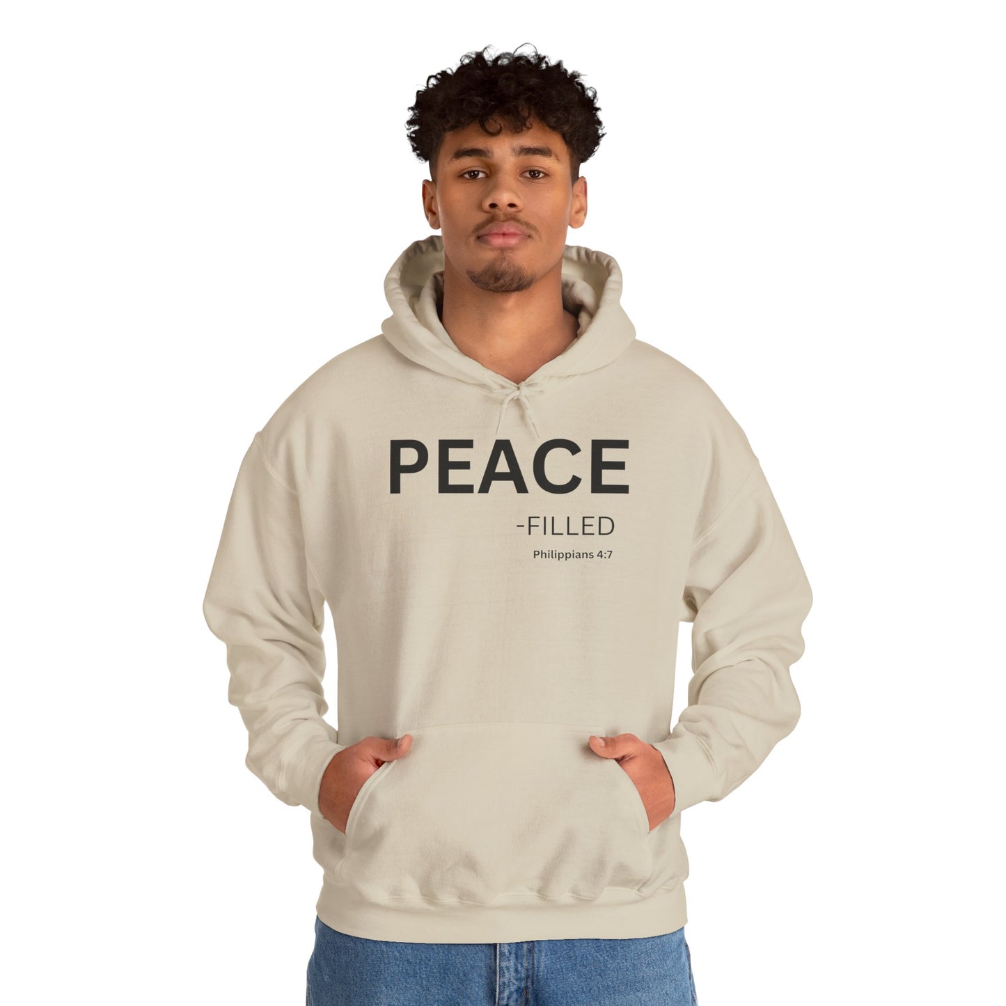 PEACE-filled Hoodie Black Text — Minimal Christian Faith Pullover, Philippians 4:7