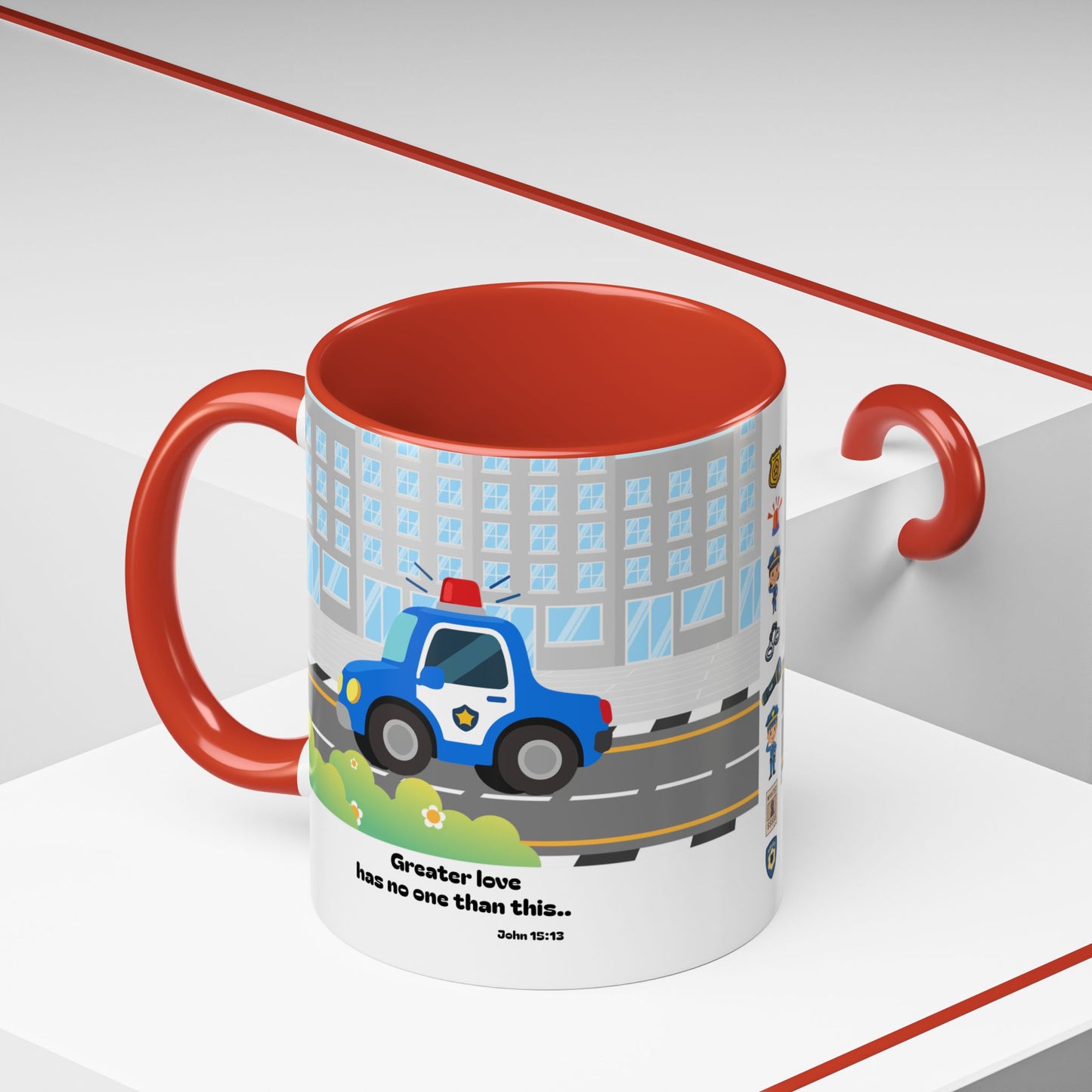 Police Car Coffee Mug — "Greater love has no one than this" Scripture Mug (11/15 oz)