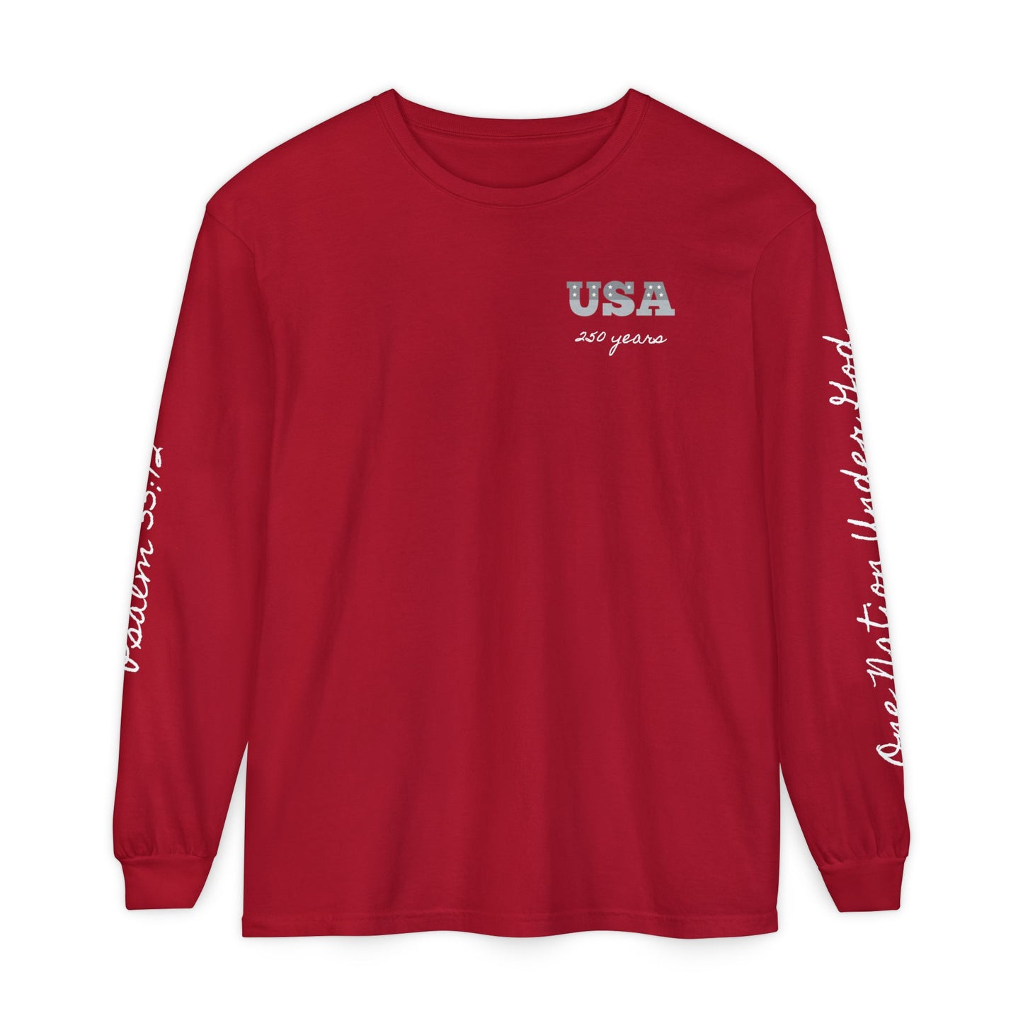 Christian Patriotic Long Sleeve Tee — "One Nation Under God" & Psalm 33:12 — USA 250 Anniversary