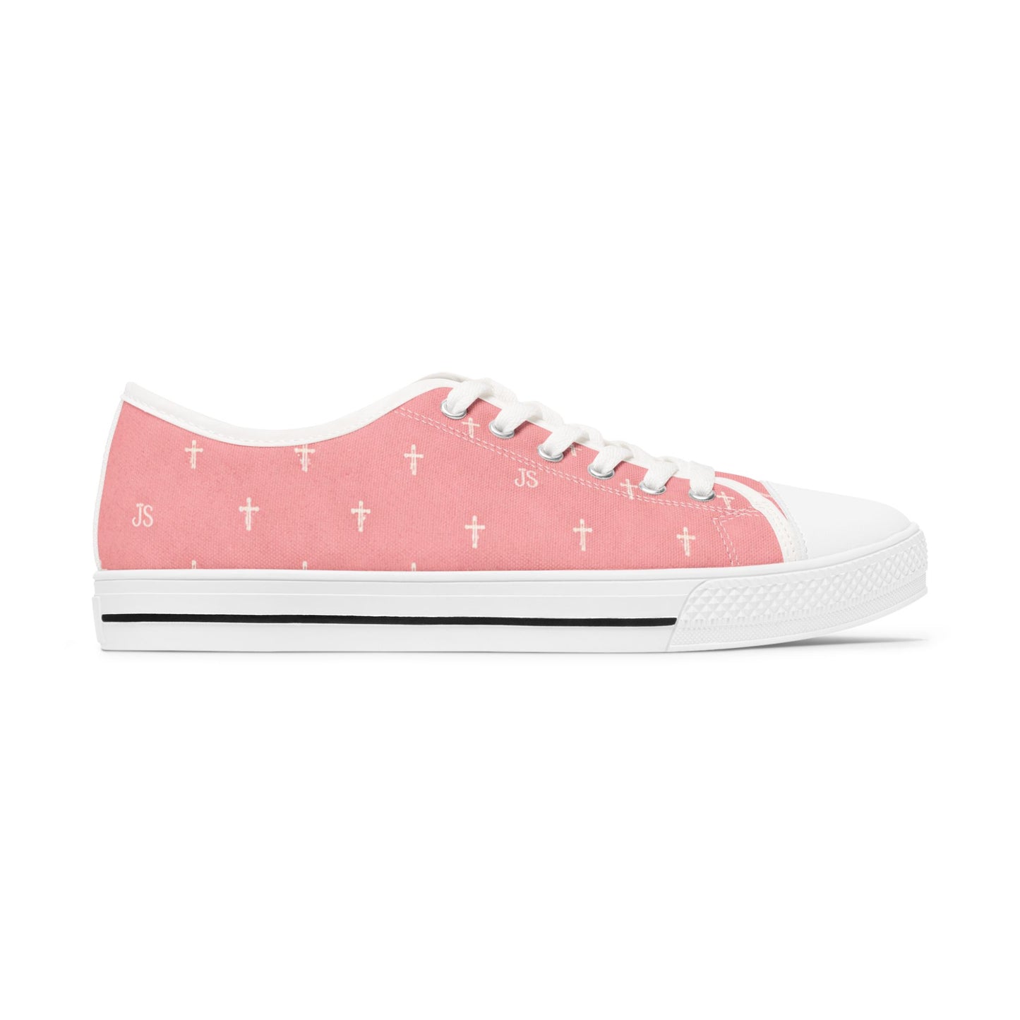 Joyfully Saved Cross Pattern Women's Low Top Sneakers — Pink, 'Wear Your Faith'