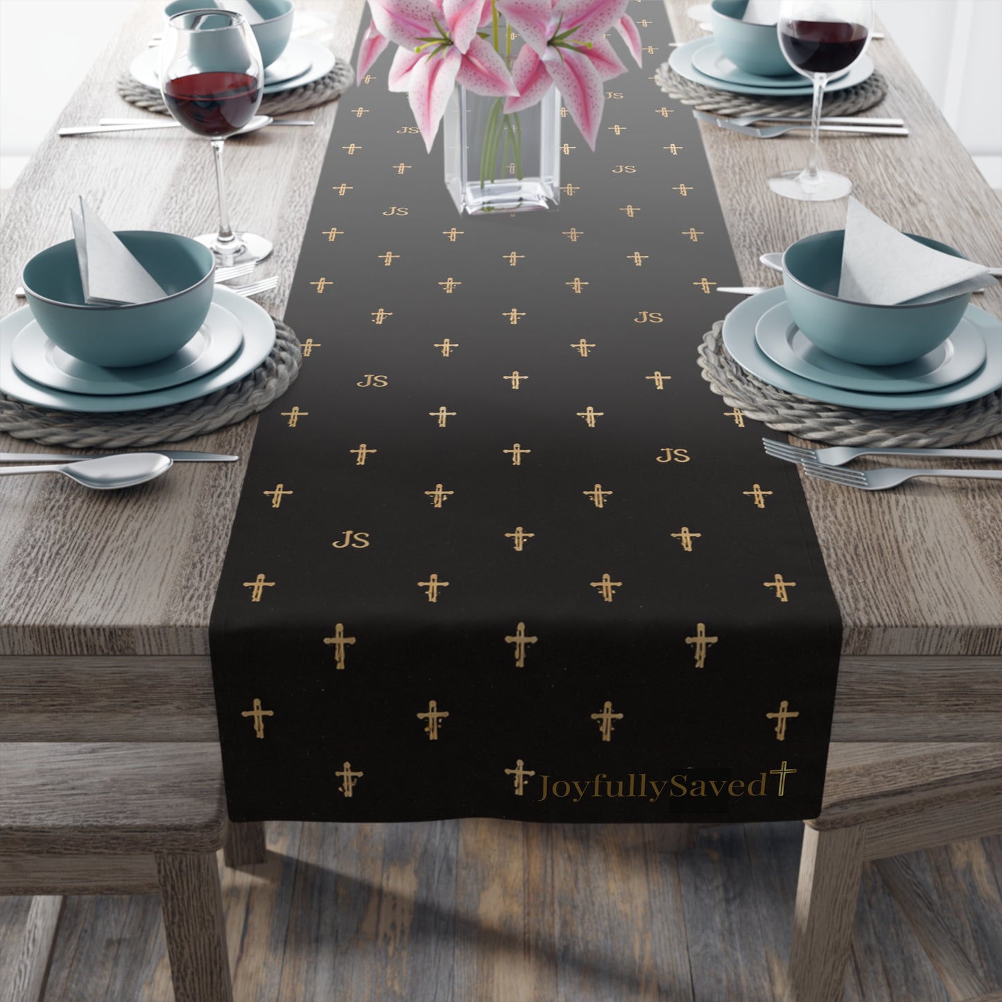 Signature Cross Table Runner, Black — JoyfullySaved Faith-Inspired Cotton/Poly Decor