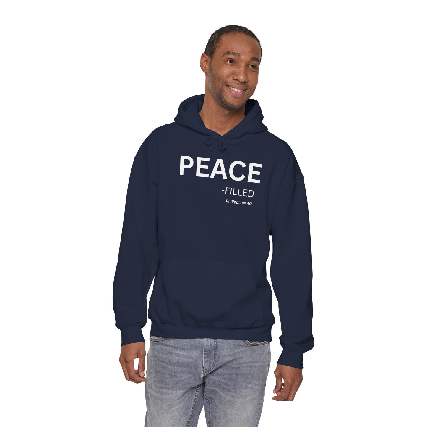 PEACE-filled Hoodie White Text — Minimal Christian Faith Pullover, Philippians 4:7