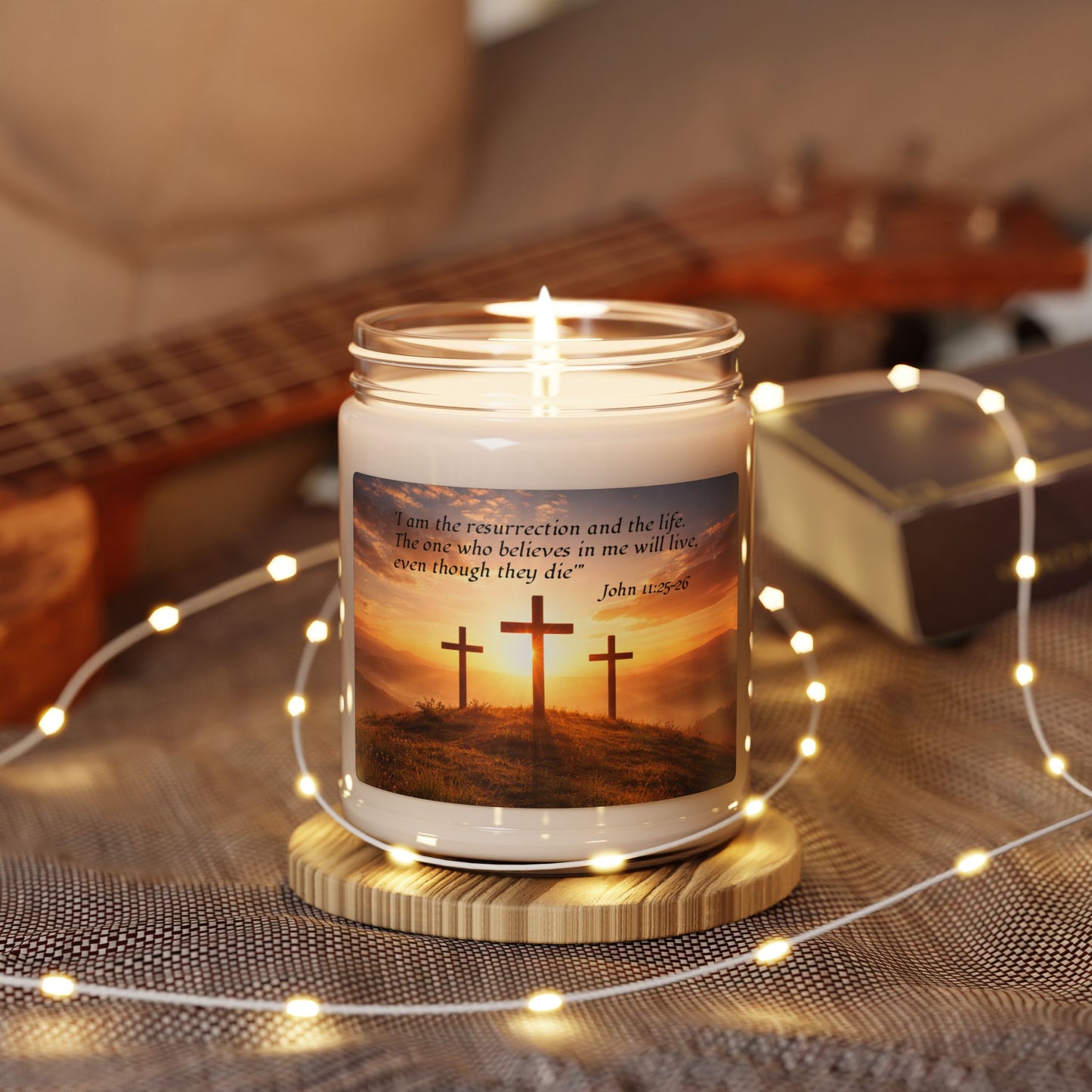 Christian Scented Soy Candle — 9oz, John 11:25-26, "I am the reserrection"