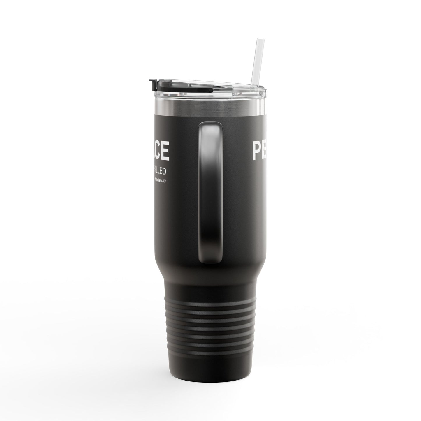 PEACE-filled Insulated 40oz Travel Mug, white text — Christian Faith Declaration - Philippians 4:7