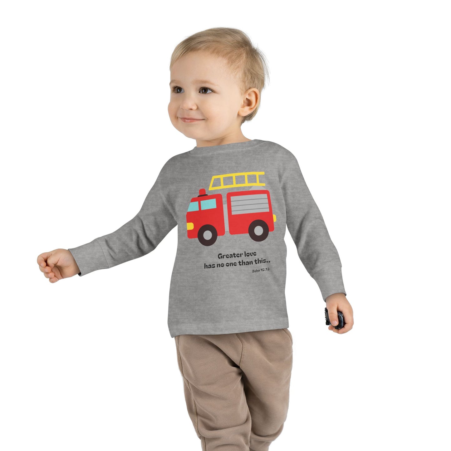 Christian Toddler Long Sleeve Tee — Fire Truck Kids Shirt (John 15:13)