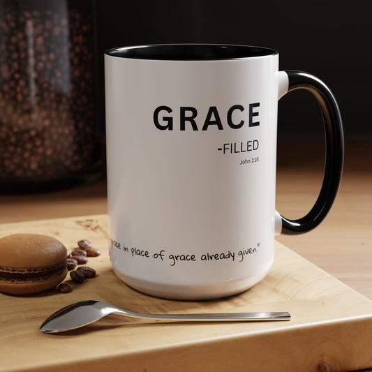 Grace-filled Scripture Coffee Mug JOHN 1:16— 11 oz or 15 oz with Scripture Around Base (Accent, Colorful)