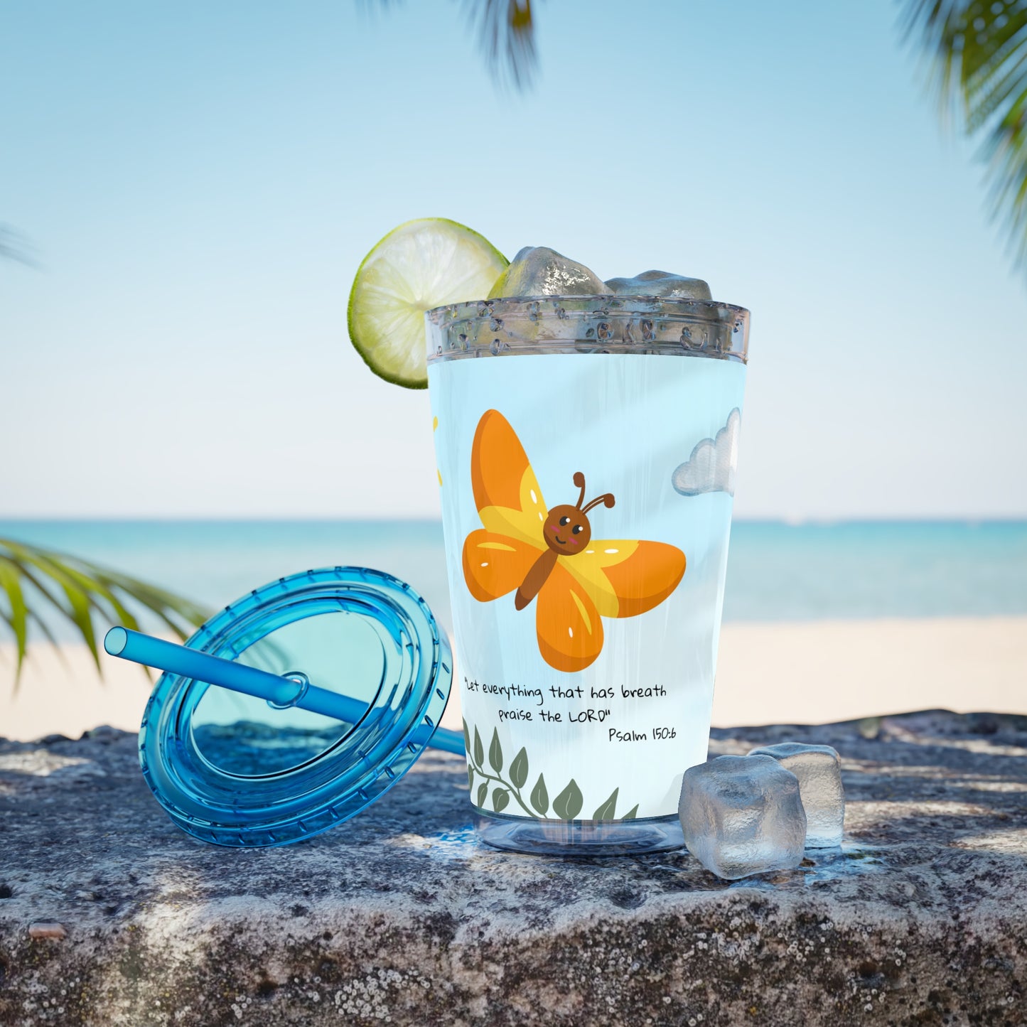 Butterfly & Sun 16oz Tumbler with Straw — 'Let everything that has breath' Psalm 150:6