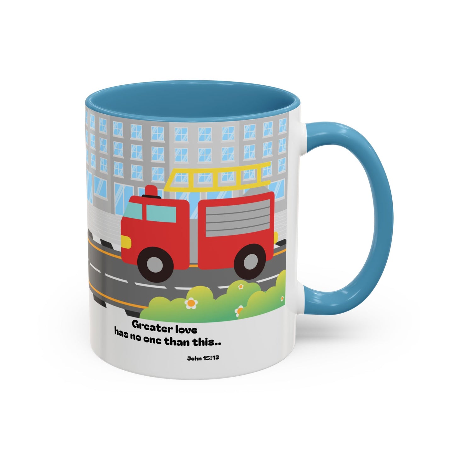 Fire Truck Coffee Mug — "Greater love has no one than this" Scripture Mug (11/15 oz)