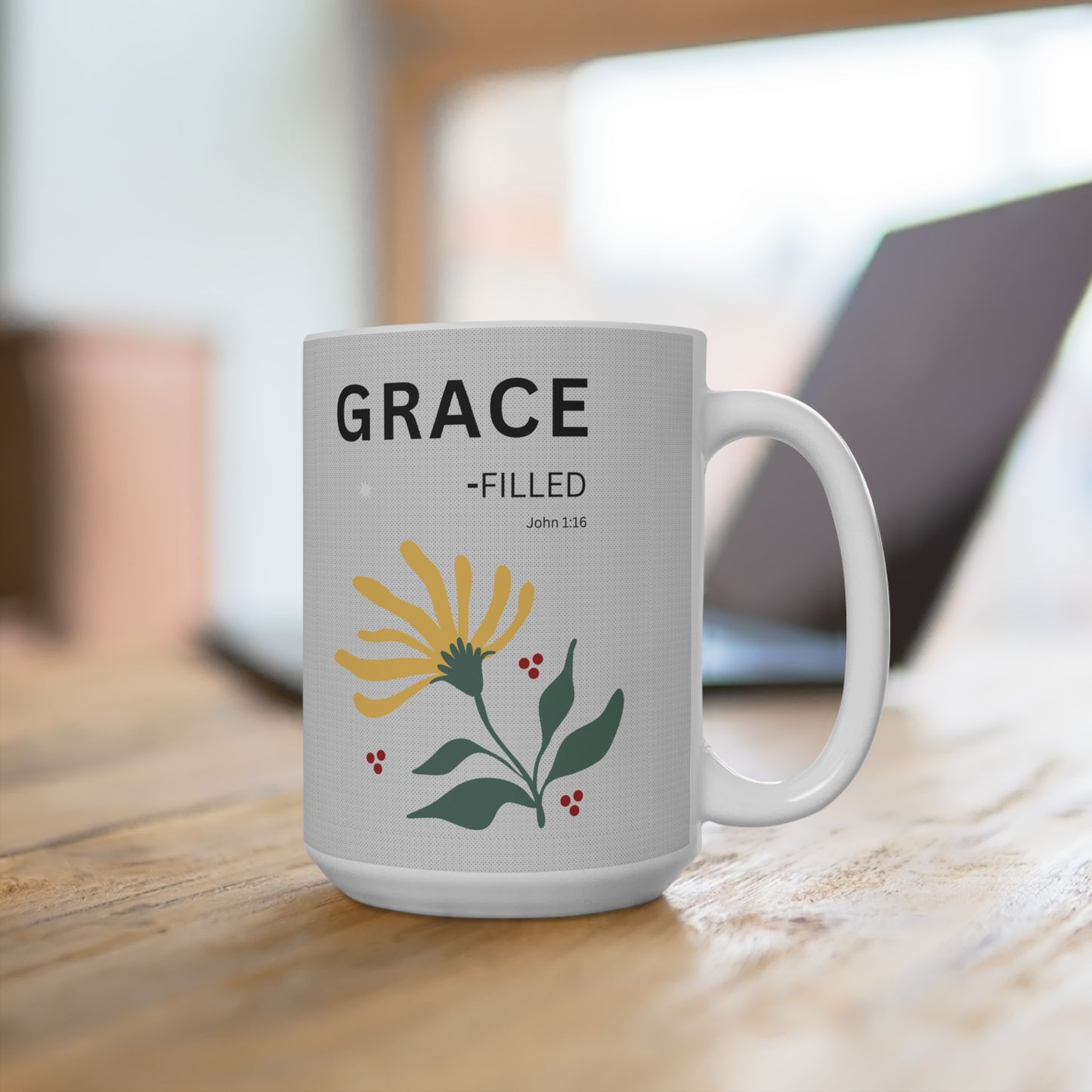 GRACE-filled 15oz Christian Mug — John 1:16 Floral Design