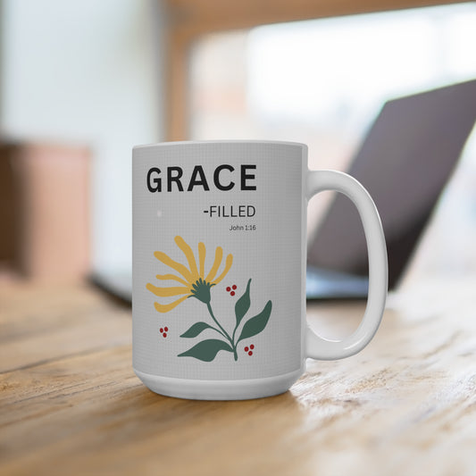 GRACE-filled 15oz Christian Mug — John 1:16 Floral Design