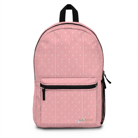 Joyfully Saved Cross Backpack — Pink, Christian School Bag