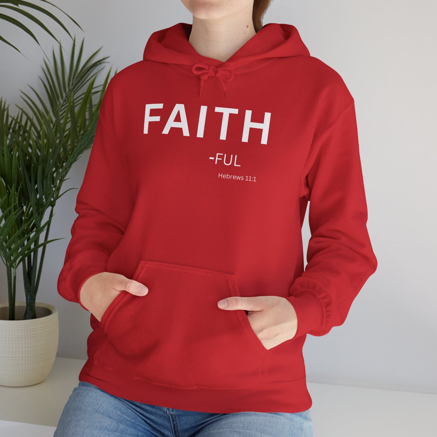 FAITH-ful Hoodie White Text — Minimal Christian Faith Pullover, Hebrews 11:1