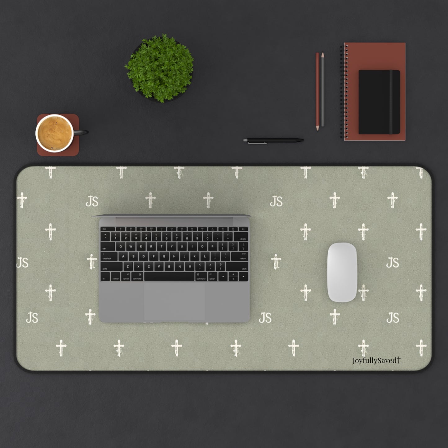 Christian Cross Pattern Desk Mat — "JoyfullySaved" Desk, Mouse Pad