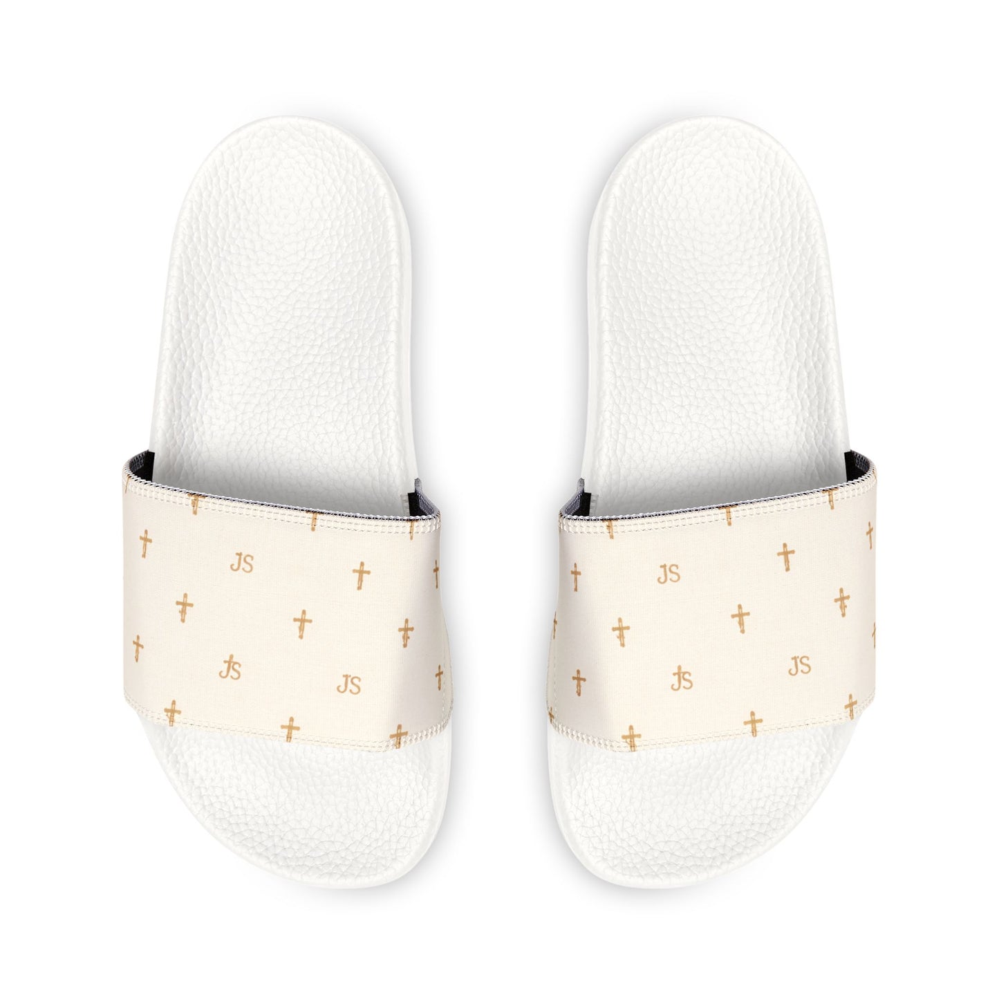 Christian Cross Slides — Youth Removable-Strap Sandals with Cream Cross Pattern