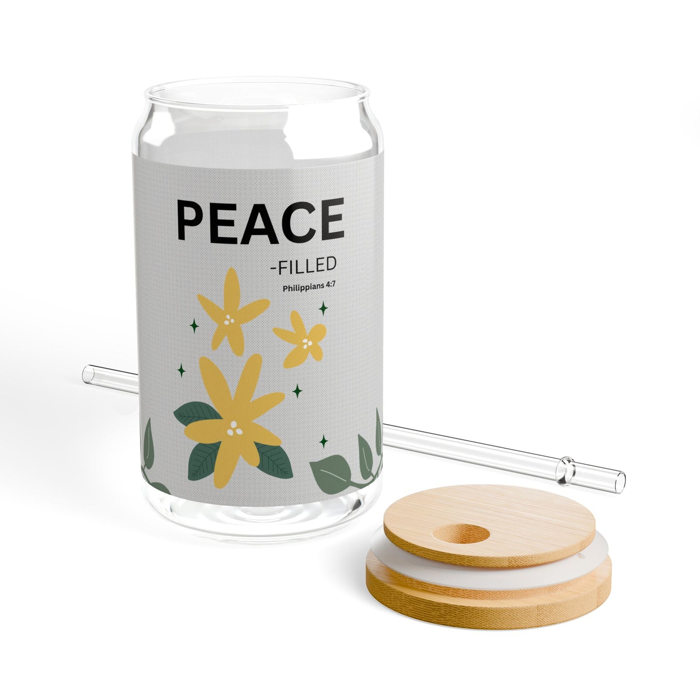 PEACE-filled Glass Can (16oz) — Philippians 4:7, Floral Straw Tumbler | Christian Gift