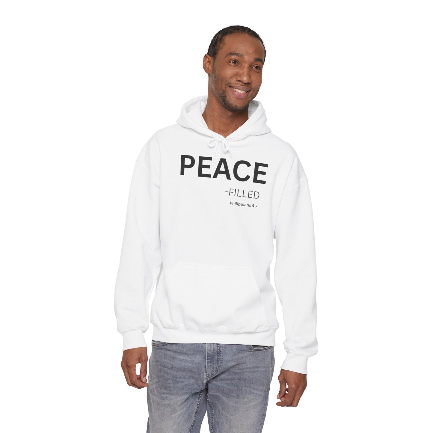 PEACE-filled Hoodie Black Text — Minimal Christian Faith Pullover, Philippians 4:7