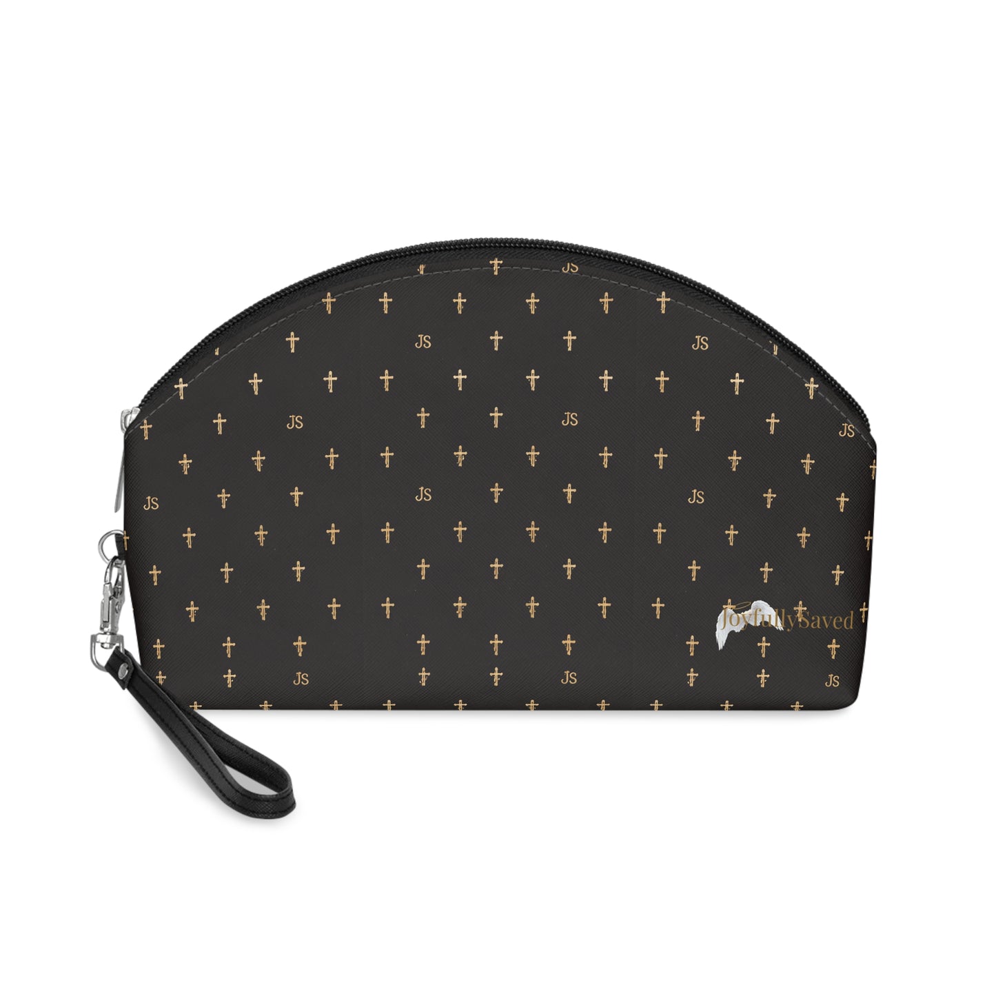 Gold Cross Pattern Makeup Bag — "Joyfully Saved" Black Cosmetic Pouch