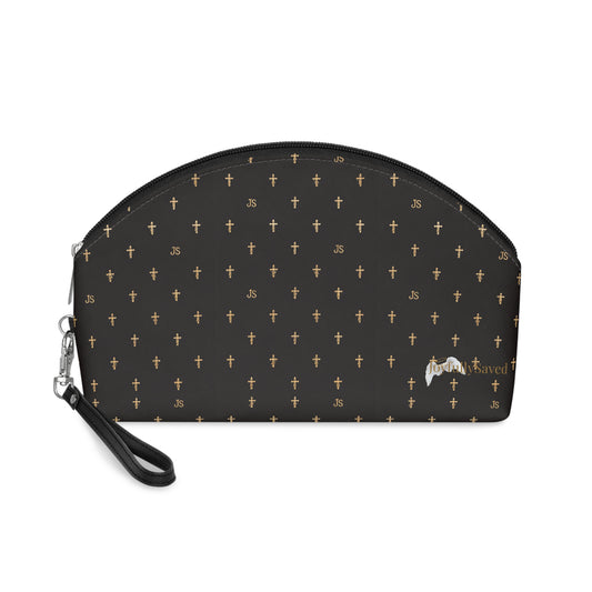 Gold Cross Pattern Makeup Bag — "Joyfully Saved" Black Cosmetic Pouch